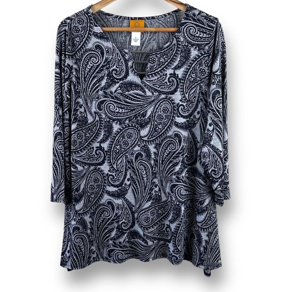 Ruby Rd Womens Paisley Top 3/4 Sleeve Tunic V Neck Stretch Blouse Black Large